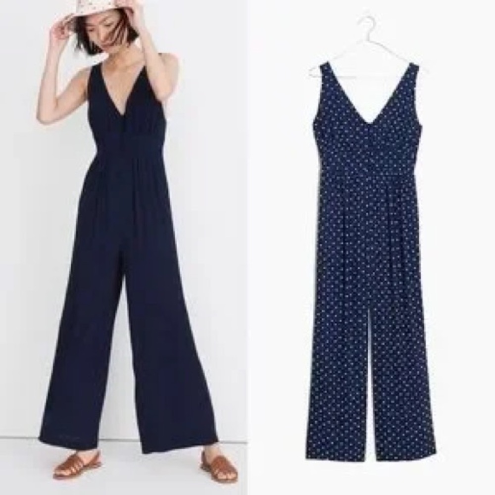 NWT- MADEWELL Nautical Navy Blue & White polka dot wide leg jumpsuit